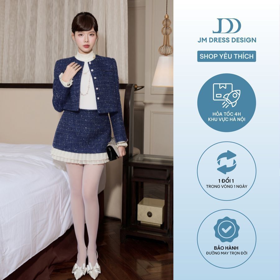 Set Áo Tweed Cổ Tròn Túi Ốp Phối Ren 5T02.2509K, Chân Váy Tweed Phối Bèo Xếp Ly 4S28.2509K. Set Đồ Thanh Lịch Dự Tiệc JM