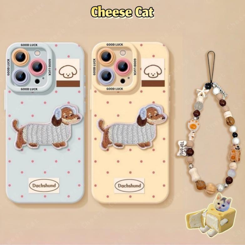 Ốp điện thoại màu hồng chấm bi thêu dễ thương Dachshund xanh sữa vàng cho iPhone 13 14 11 12 15 16 17 Pro Max Xs Max XR