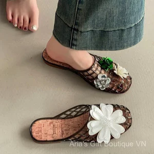Baotou Nửa Dép Phiên Bản Hàn Quốc Niche Design Sense Crystal Giày Nữ Mùa Hè Rỗng Đính Kim Sa Lấp Lánh Pha Lê Thoáng Khí
