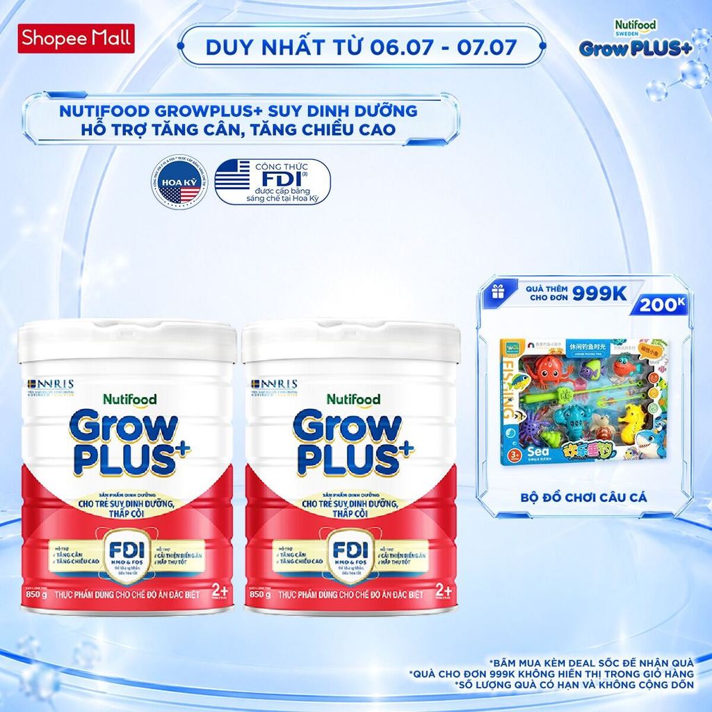 Combo 2 Sữa bột Nutifood GrowPLUS+ Đỏ (Suy Dinh Dưỡng) trên 2 tuổi (2 lon x 850g) - Grow Plus+