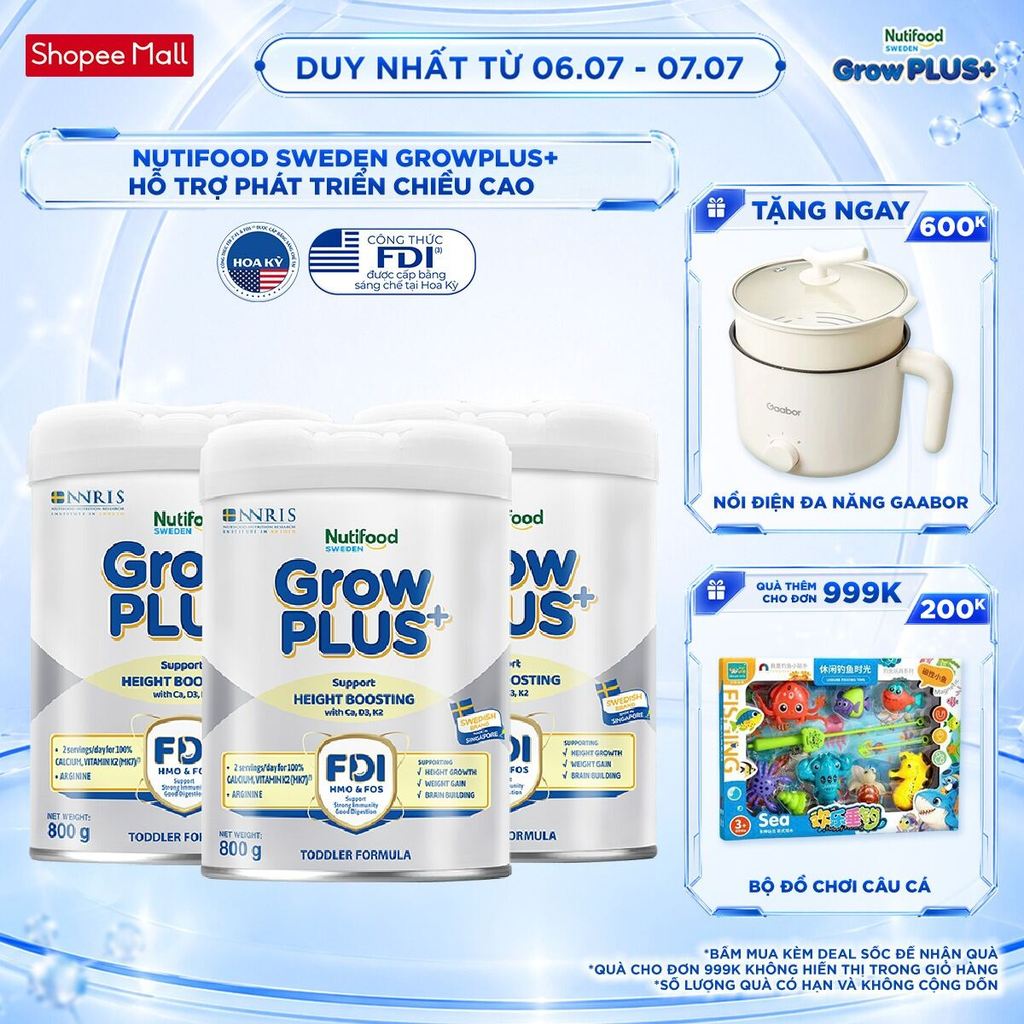 Combo 3 Sữa Bột Nutifood Sweden GrowPLUS+ Cao lớn vượt trội (Bạc) 800g