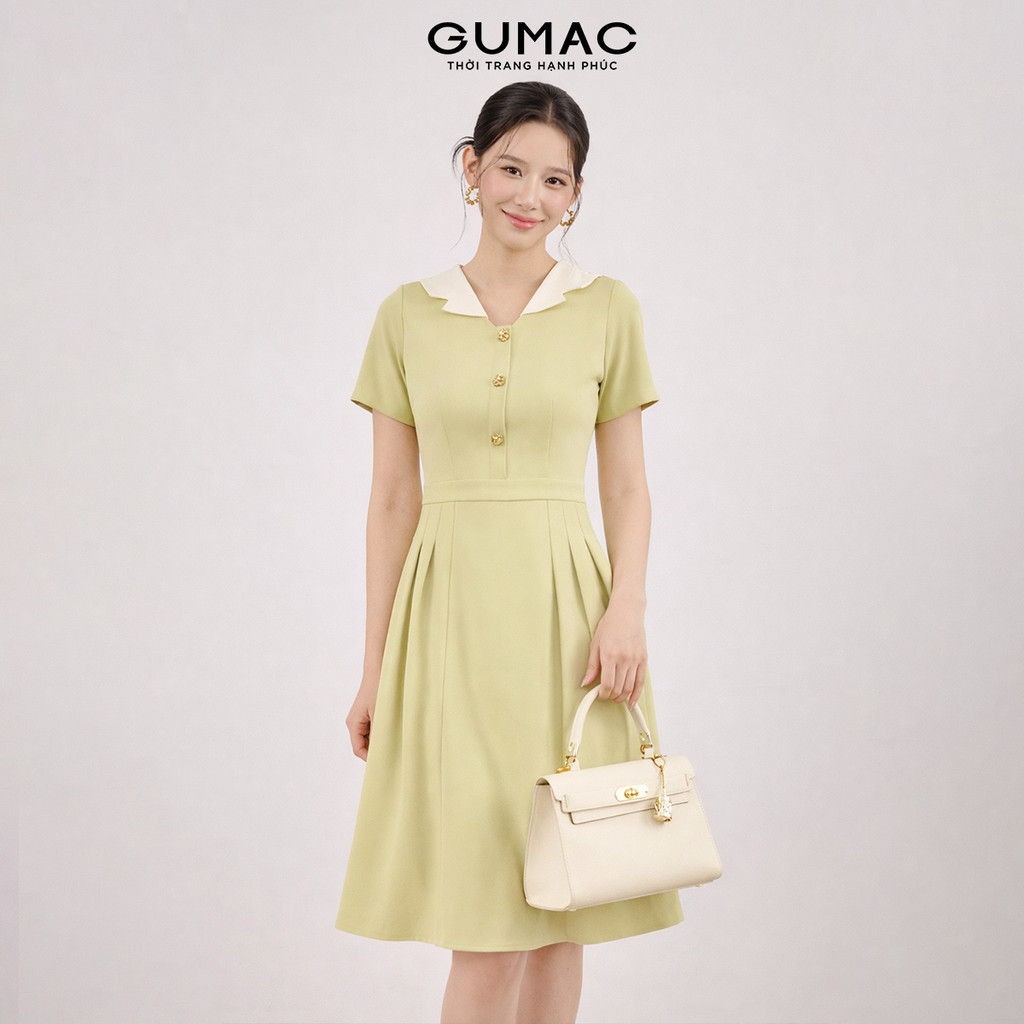 Đầm Nữ Form A Cổ Cách Điệu Tùng Váy Xếp Ly Có Hai Túi Sườn Chất Liệu Chéo Lạnh Mịn Mát Thời Trang GUMAC DF08005