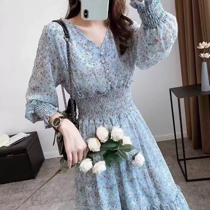 Phiên Bản Hàn Quốc Xuân Thu Quần Áo Dài Tay Hẹp Eo Hiển Thị Cao Cấp Phiên Bản Hàn Quốc Váy Cổ Chữ V Váy Voan Hoa Phong Cách Dài 2696LYQ