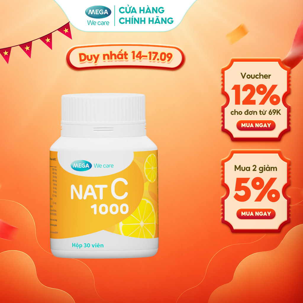 Viên uống Vitamin C Mega We Care Nat C 1000 hỗ trợ tăng đề kháng, giúp giảm nguy cơ cảm lạnh cảm cúm (30 viên) – TPBVSK