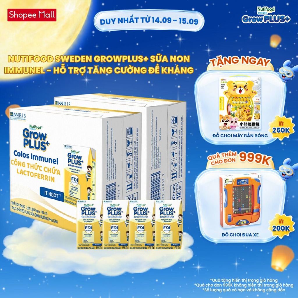 Combo 2 Thùng 24 hộp Sữa Bột Pha Sẵn Nutifood Sweden GrowPLUS+ Sữa Non Immunel hộp 110 ml (Bao bì tuỳ lô hàng)
