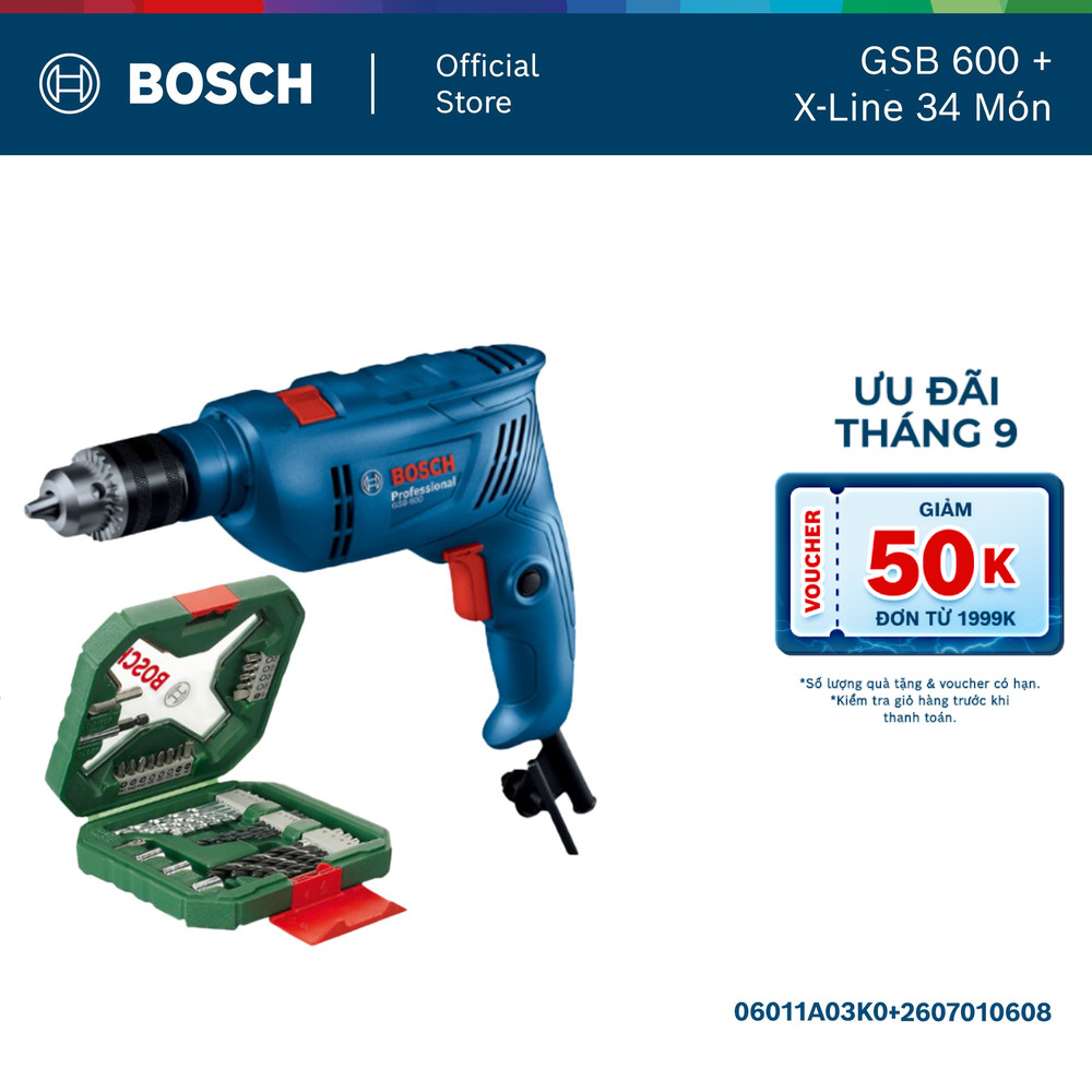 Máy khoan động lực GSB 600 + Tặng kèm 1 Bộ mũi khoan và vặn vít X-Line 34 món