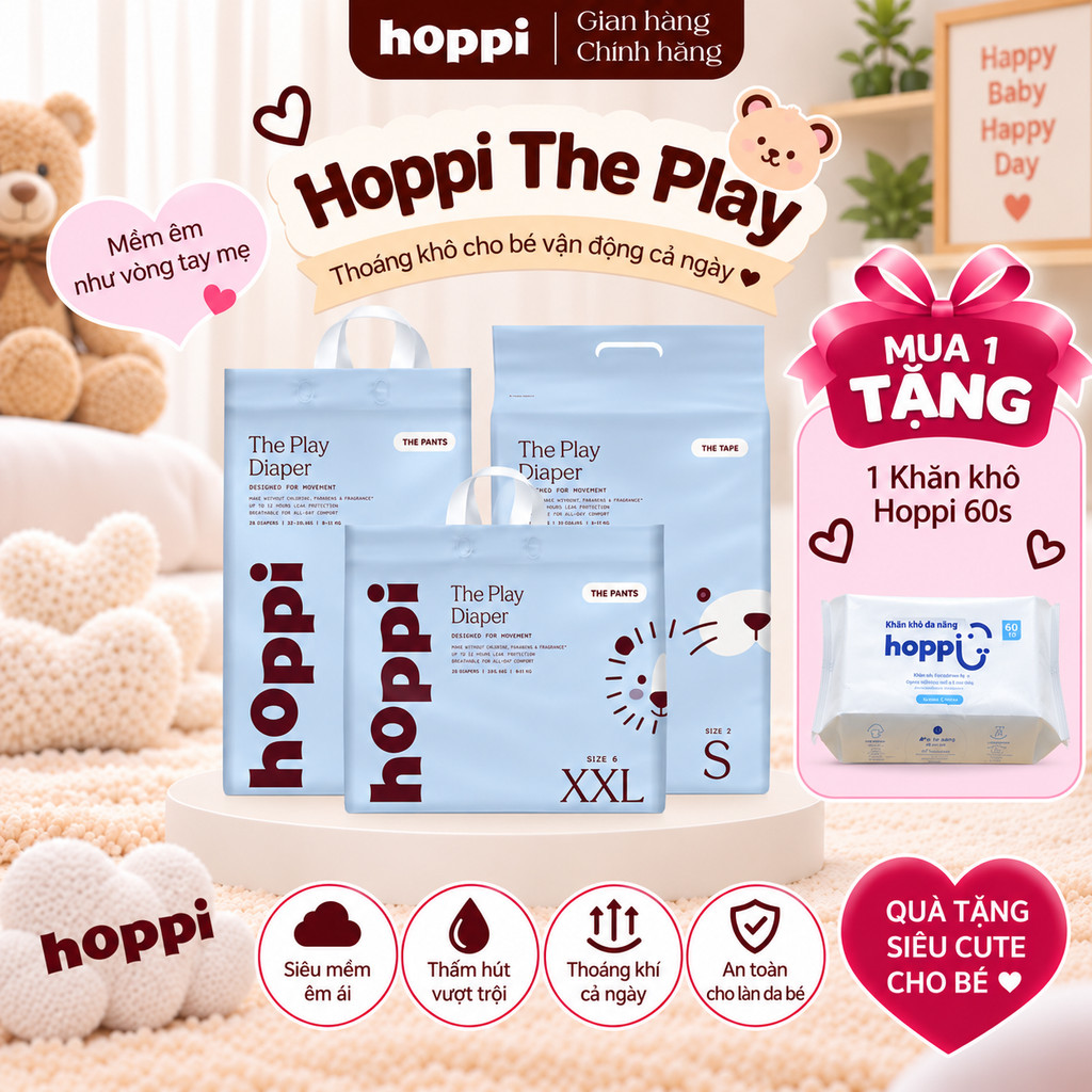 [DEAL SỐC] Tã/Bỉm Hoppi The Play  - Thiết kế siêu co giãn, cho bé tự do vận động ( Đủ các size cho bé)