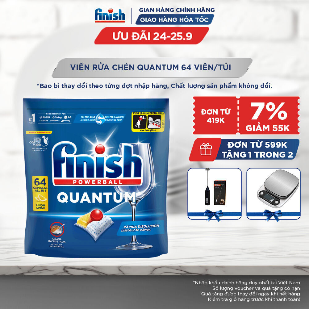 Viên Rửa Chén Bát Finish Powerball Quantum Powerful Clean & Shine 64 viên