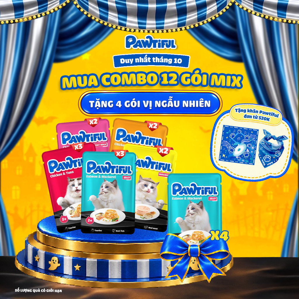 [MUA 12 TẶNG 4] Combo 12 túi Thức ăn cho mèo Pawtiful mix 5 vị 70G x12