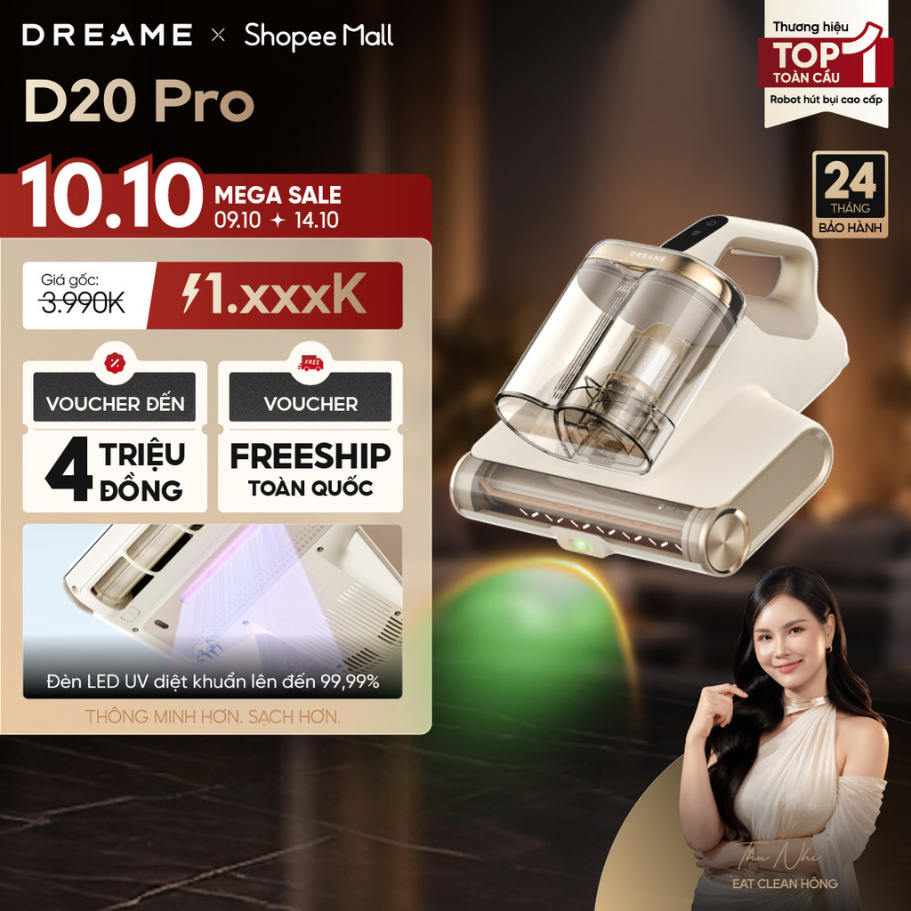 Dreame D20 Pro/ D20 Aura Máy hút bụi giường nệm | lực hút 15.500PA | Diệt khuẩn LED UV đến 99,99% | BH 24 tháng