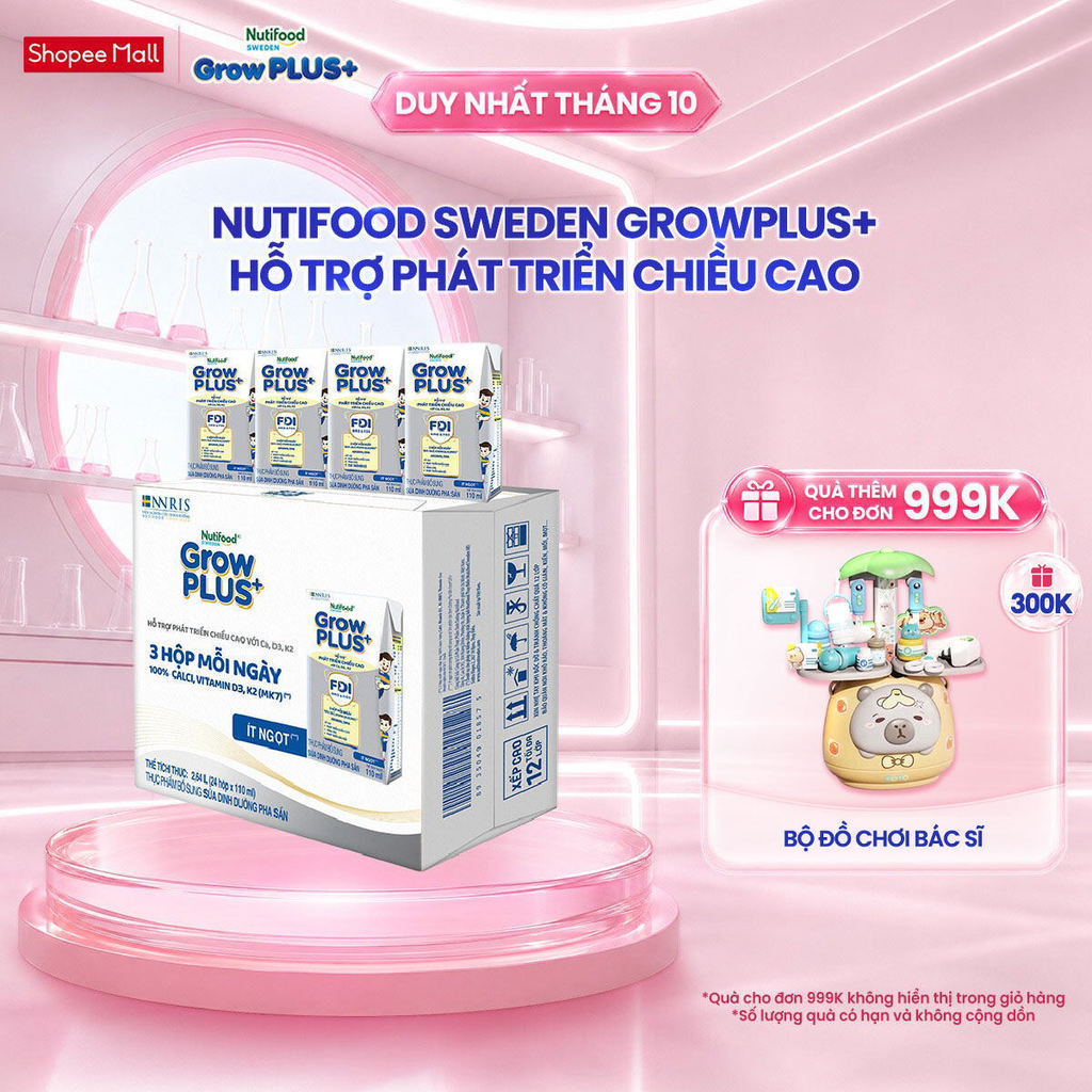 Thùng 24 hộp Sữa Bột Pha Sẵn Nutifood Sweden GrowPLUS+ Cao lớn vượt trội Height hộp 110 ml