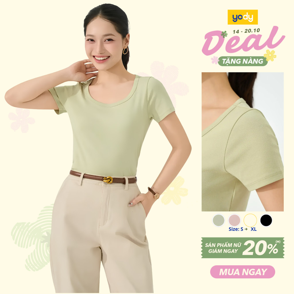 [BST The New T-Mate] Áo Phông Nữ Yody Slim Fit thun Cổ Rộng Mềm Mại Co Giãn WCTS26S002