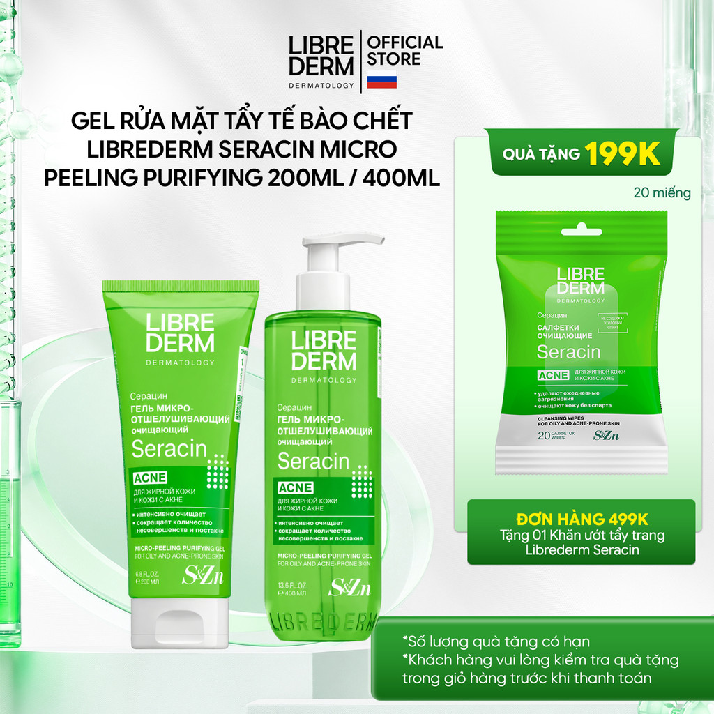 Gel rửa mặt tẩy tế bào chết không hạt Librederm Seracin Micro-Peeling Purifying hỗ trợ giảm mụn mờ thâm mụn 200ml /400ml