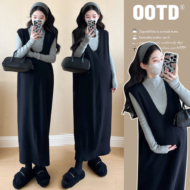Bộ đồ bà bầu Áo len mùa thu đông Váy dệt kim dài đầu gối