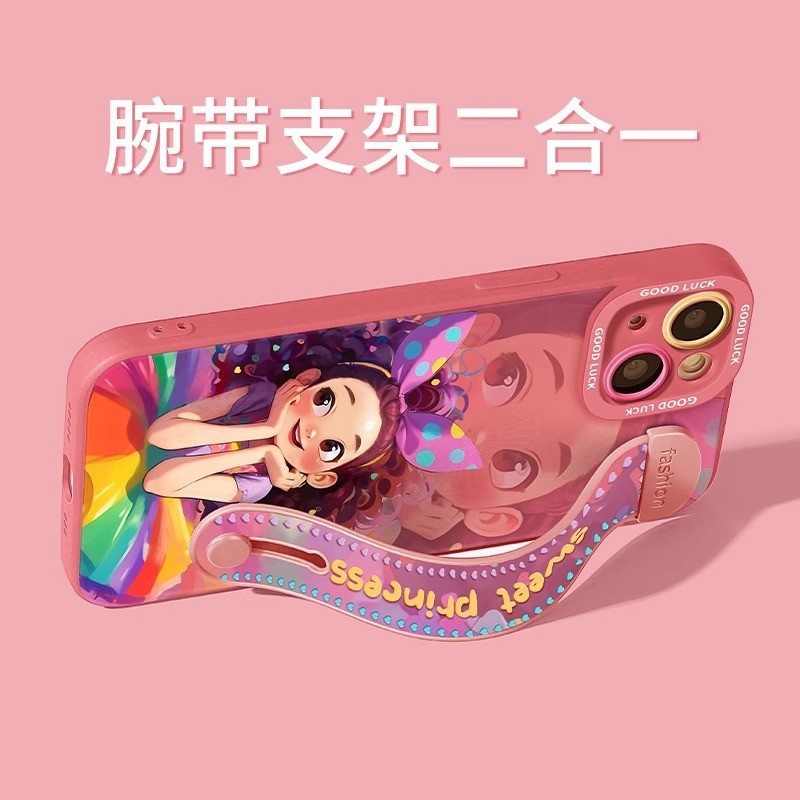 Ốp điện thoại màu công chúa Apple 15promax có giá đỡ dây đeo cổ tay 16plus Tím 16pro Có thể 25.9.24