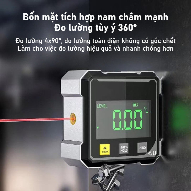 máy đo góc laser kép hiển thị số liệu - có từ hút trên 4 mặt, nhỏ gọn tiện lợi dễ mang