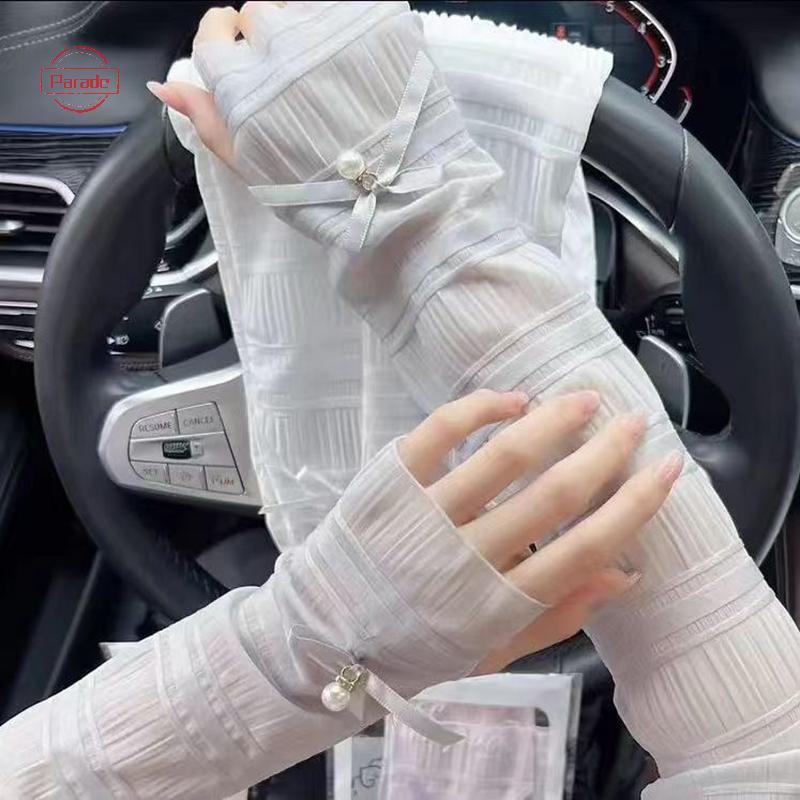Găng tay mỏng nữ chống nắng với nơ dài và hạt ngọc trai - Perfect cho diễu hành mùa hè
