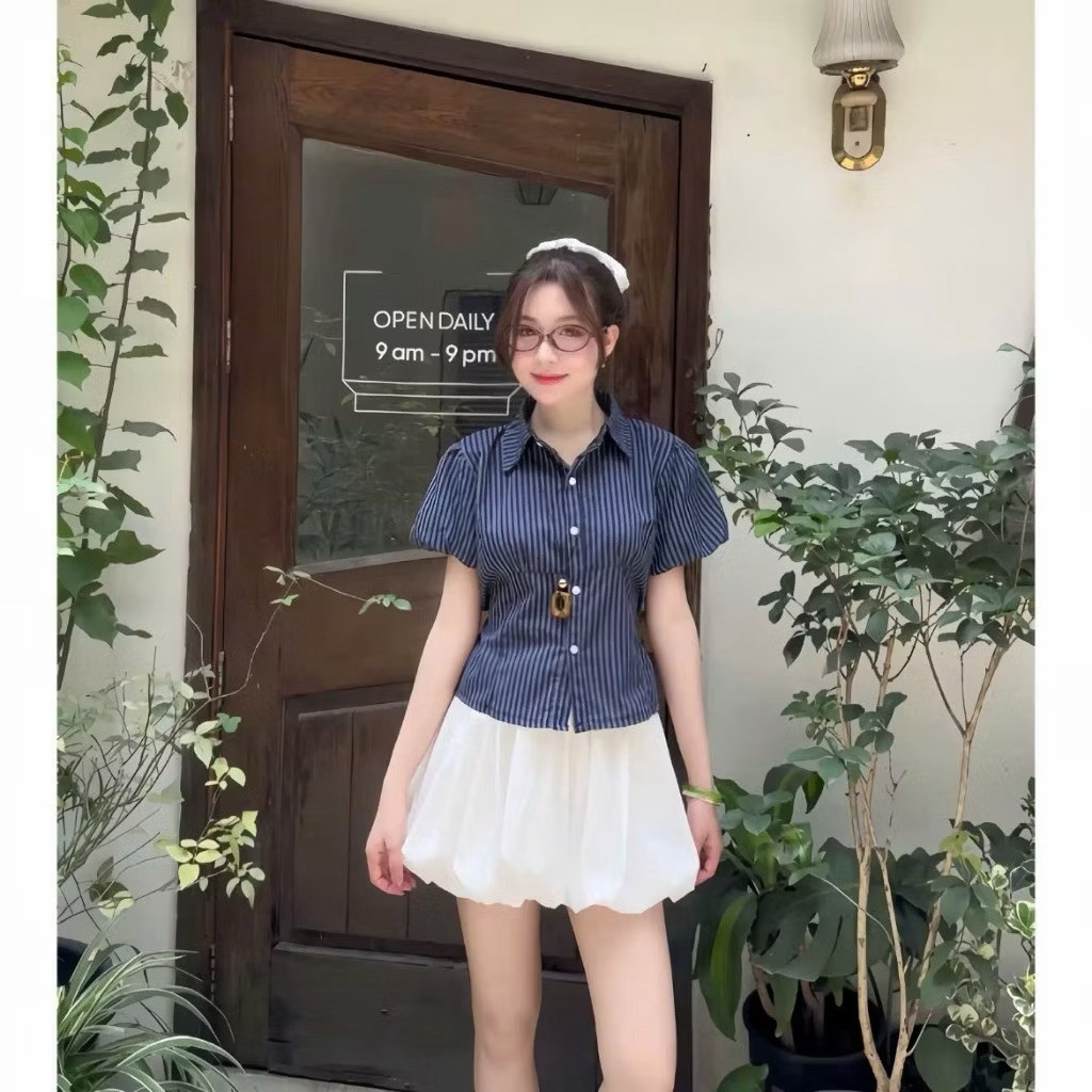 ÁO SƠ MI KẺ SỌC TAY PHỒNG CỘT EO DỄ MẶC PHONG CÁCH HÀN QUỐC DẠO PHỐ SMS400
