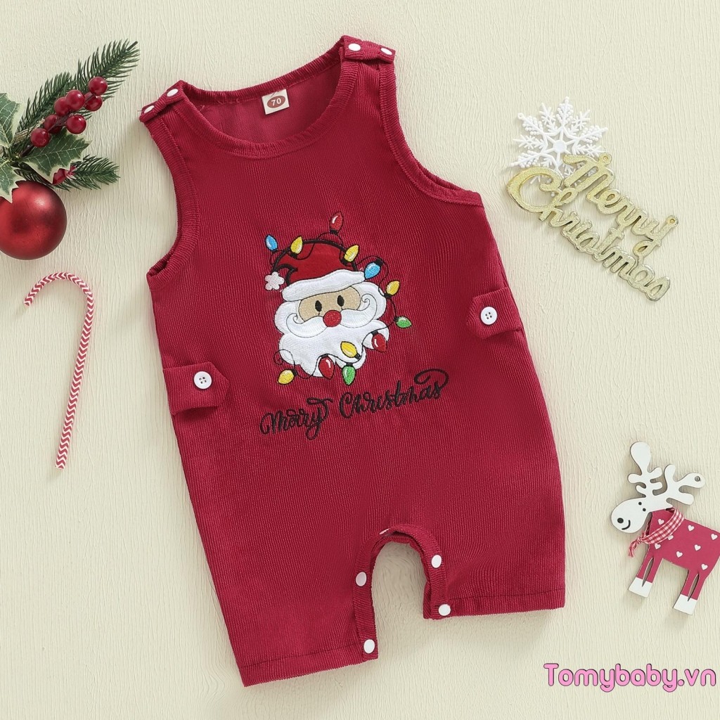 Bộ áo liền quần cổ tròn không tay thêu chữ ông già Noel cho bé trai bé gái
