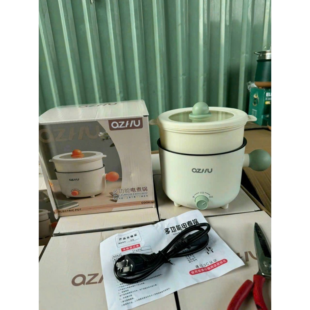 Nồi Lẩu Điện OZHU 18cm 2 nấc nhiệt kèm giá hấp có tay cầm tiện dụng, nồi lẩu 2 tầng cao cấp
