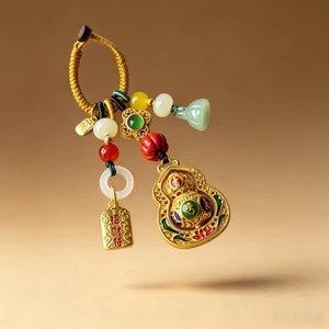Phong Cách Kim Loại Handmade Tua Rua Mặt Dây Chuyền Men Cát Vàng Đồng Mini Bầu Xe Móc Khóa Túi Treo Trang Trí Wenwan May Mắn Charm