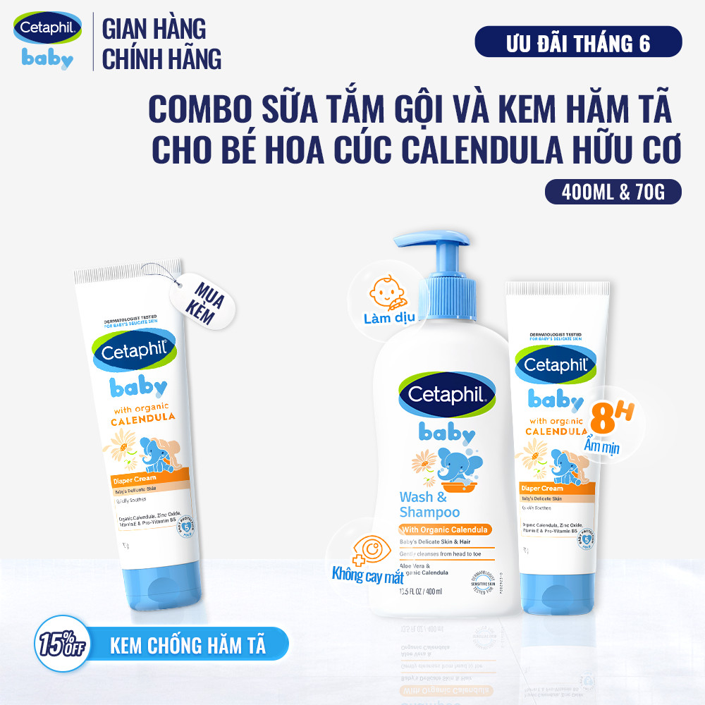 Combo Sữa tắm gội dưỡng ẩm 400ML và Kem chống hăm tã 70G dịu lành cho bé với Calendula hoa cúc hữu cơ