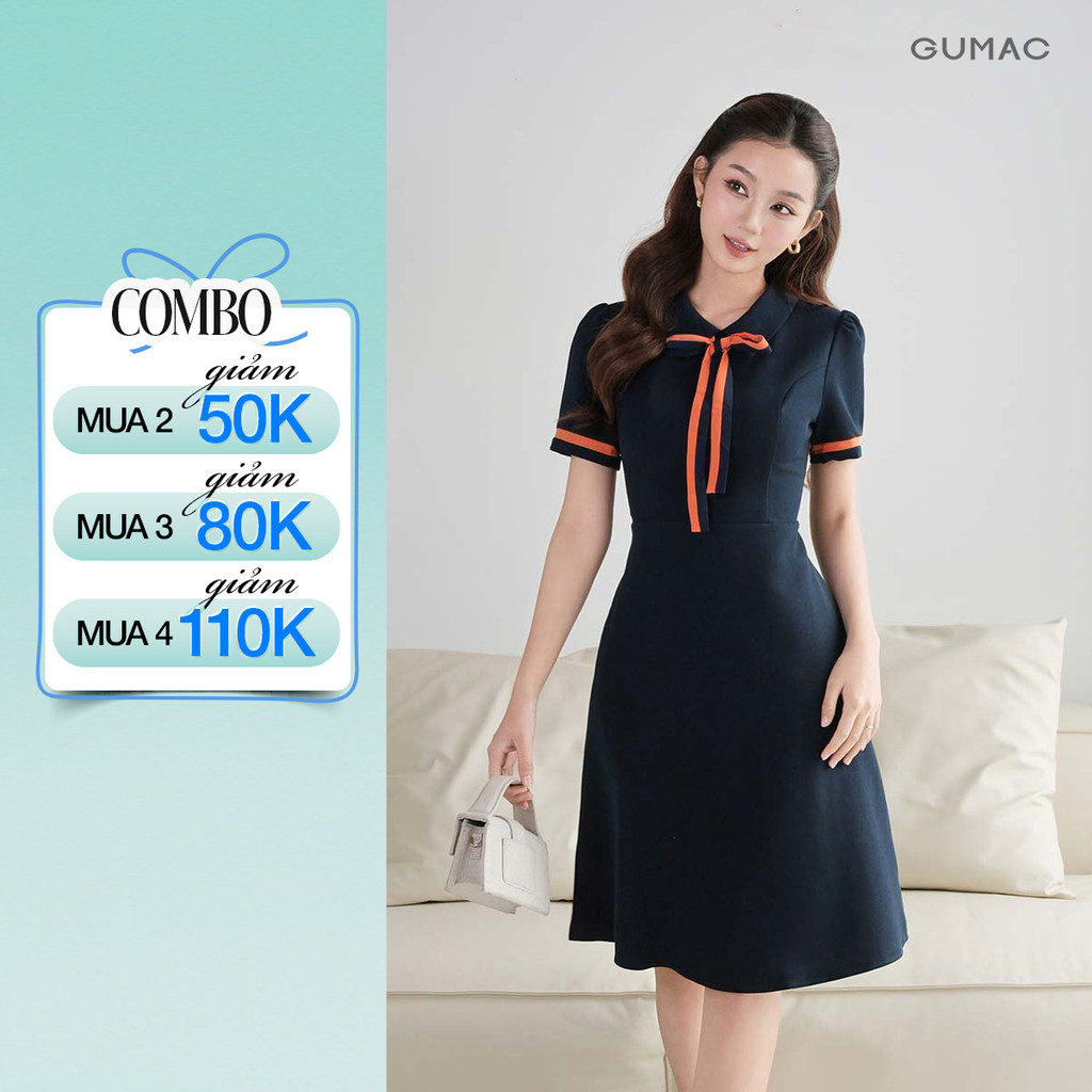 Đầm Chữ A Nữ GUMAC Váy Công Sở Phối Nơ Cổ Tôn Dáng Vải Tuyết Mưa Cao Cấp Đi Chơi Dạo Phố LDE0614