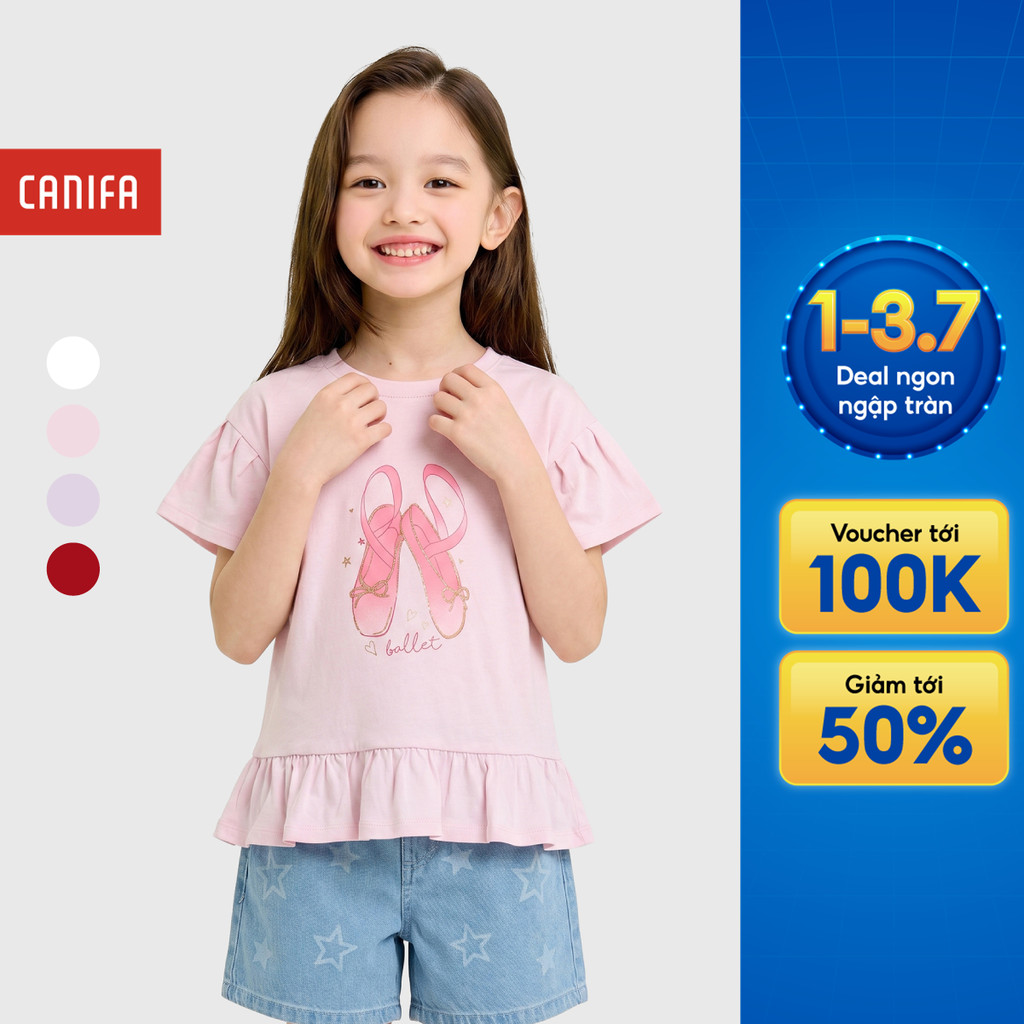 Áo phông bé gái CANIFA cổ tròn ngắn tay phối viền bèo chất liệu Cotton USA | OEKO-TEX 1TS26S005