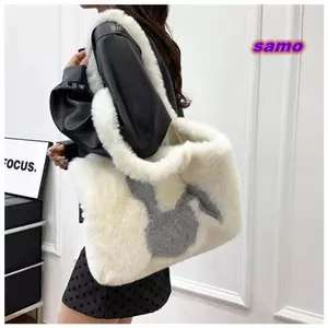 Túi xách SAMO Shopper, Túi đeo vai sang trọng in hình thỏ dung tích lớn, Thời trang mềm mại sang trọng Lông thú lông xù Lông thú giả Túi Tote Fuzzy Sử dụng hàng ngày