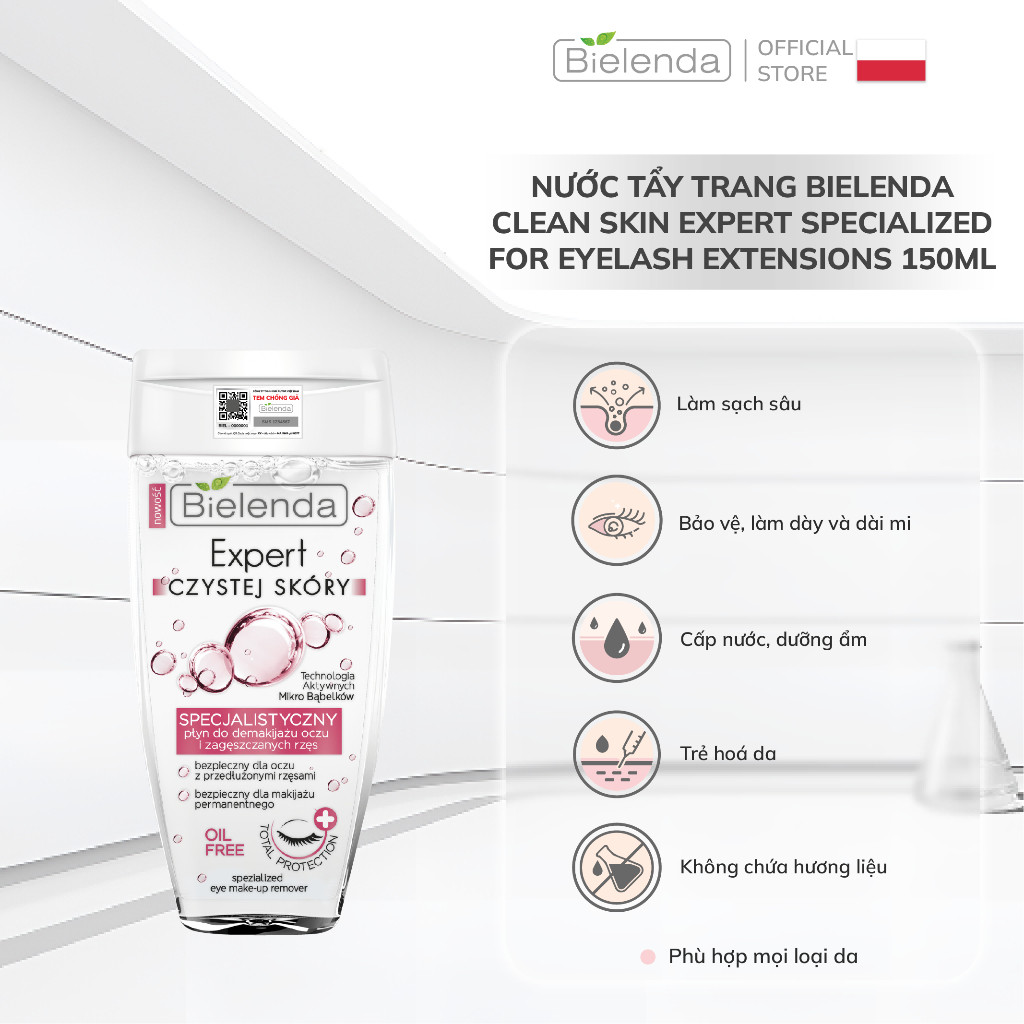 Nước tẩy trang Bielenda Clean Skin Expert Specialized For Eyelash Extensions làm sạch sâu cho mắt nối mi 150ml
