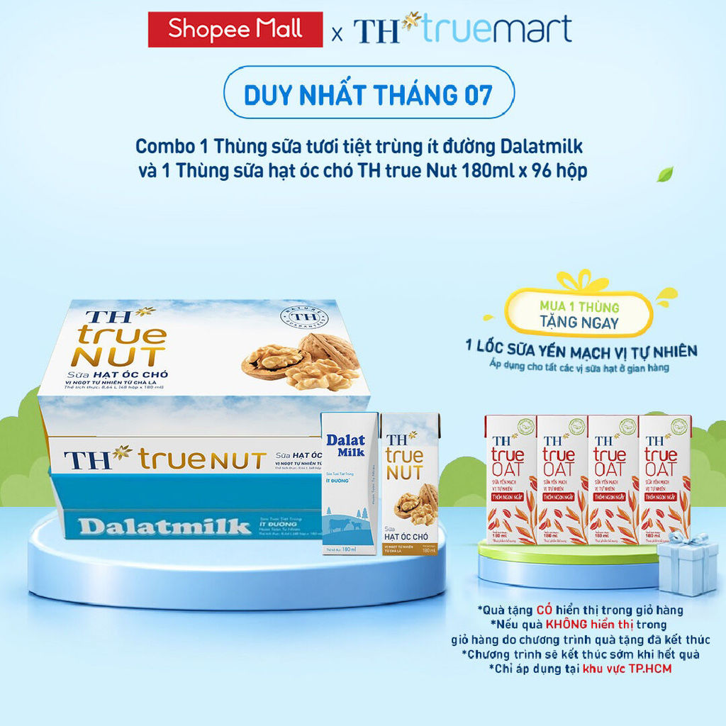 Combo 1 Thùng sữa tươi tiệt trùng ít đường Dalatmilk và 1 Thùng sữa hạt óc chó TH true Nut 180ml x 96 hộp