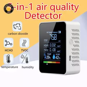 {TB & Bag} Máy đo độ ẩm nhiệt độ kỹ thuật số 5in1 CO2 đa chức năng Máy đo độ ẩm nhiệt độ kỹ thuật số Máy dò Carbon Dioxide TVOC HCHO Màn hình chất lượng không khí.