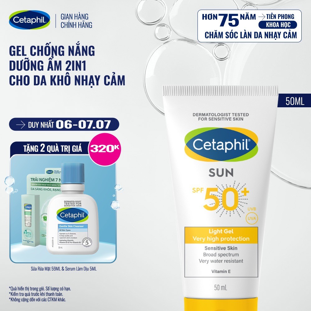 Gel chống nắng vật lý dưỡng ẩm 2in1 dịu lành cho da thiên khô nhạy cảm Cetaphil Sun SPF 50+ Light Gel 50ML