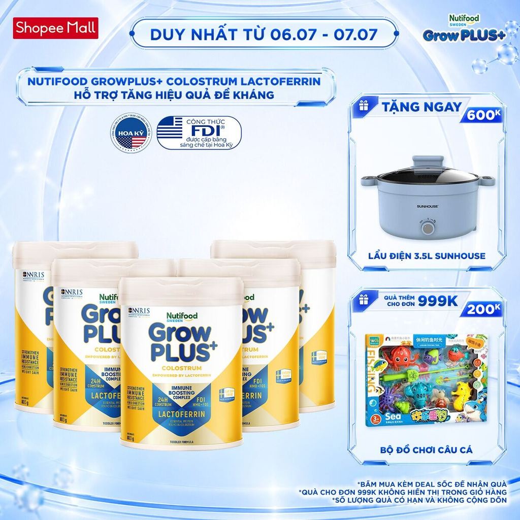 Combo 5 Sữa bột Nutifood Sweden GrowPLUS+ Colostrum Lactoferrin 1+ 800g