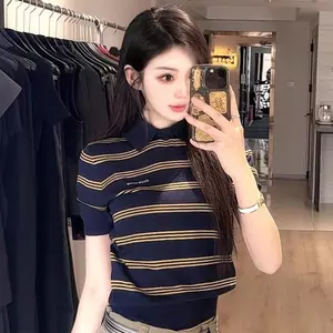 Mùa hè Preppy Style Sọc Polo Dệt Kim Tay Ngắn Slim-Fit Giảm Tuổi Thiết Kế Niche Slimer Look