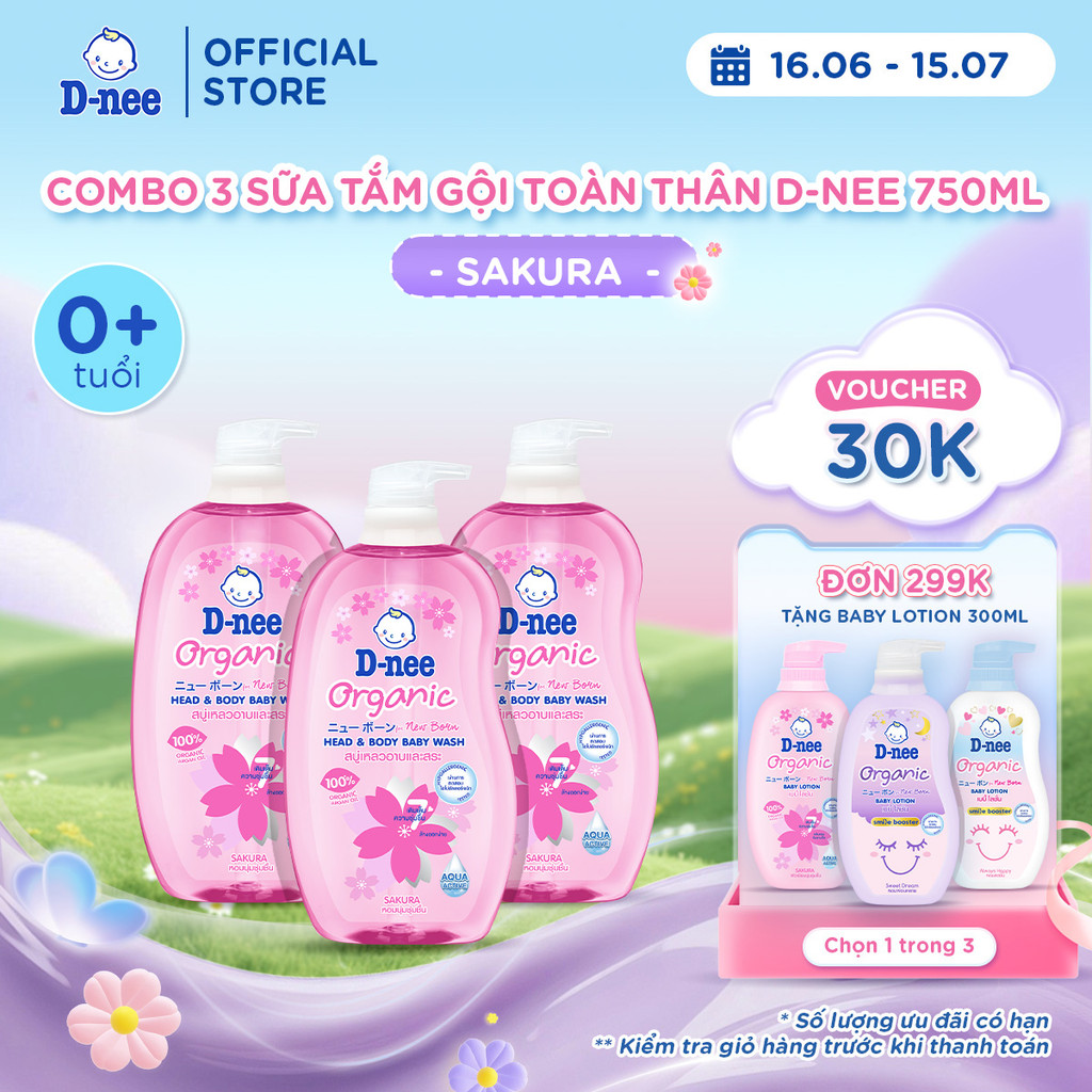 Combo 3 Tắm gội toàn thân em bé (<3 tuổi) D-nee 800 ML - Sakura