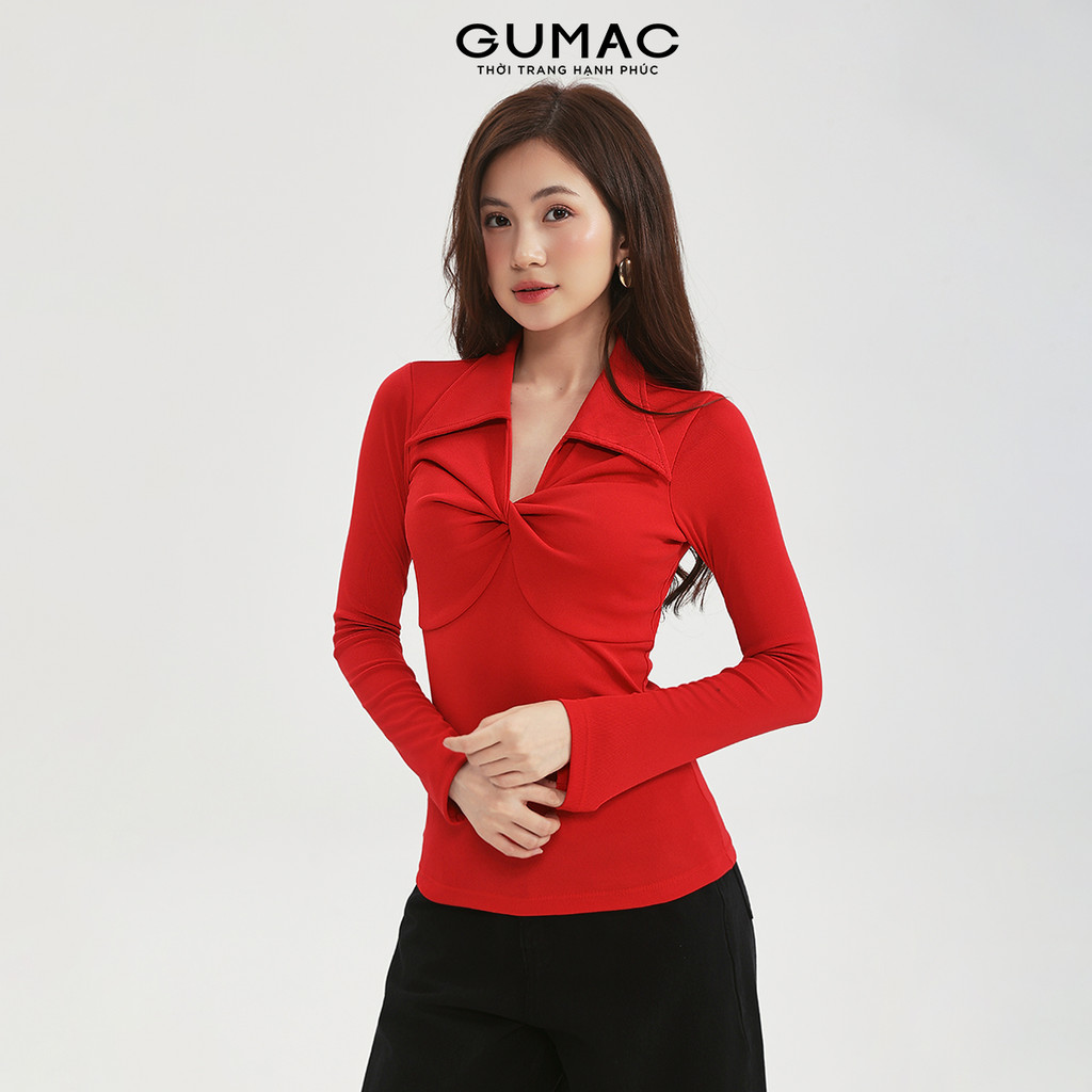 Áo Polo Nữ Tay Dài GUMAC Form Ôm Điểm Nhấn Xoắn Ngực Cách Điệu APF12053