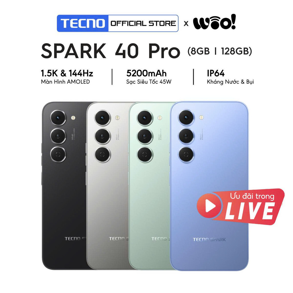 [Woo] Điện thoại TECNO SPARK 40 PRO (8+8)GB/128GB – Màn hình AMOLED 1.5K & 144Hz | Mỏng 6.69mm | 5200mAh