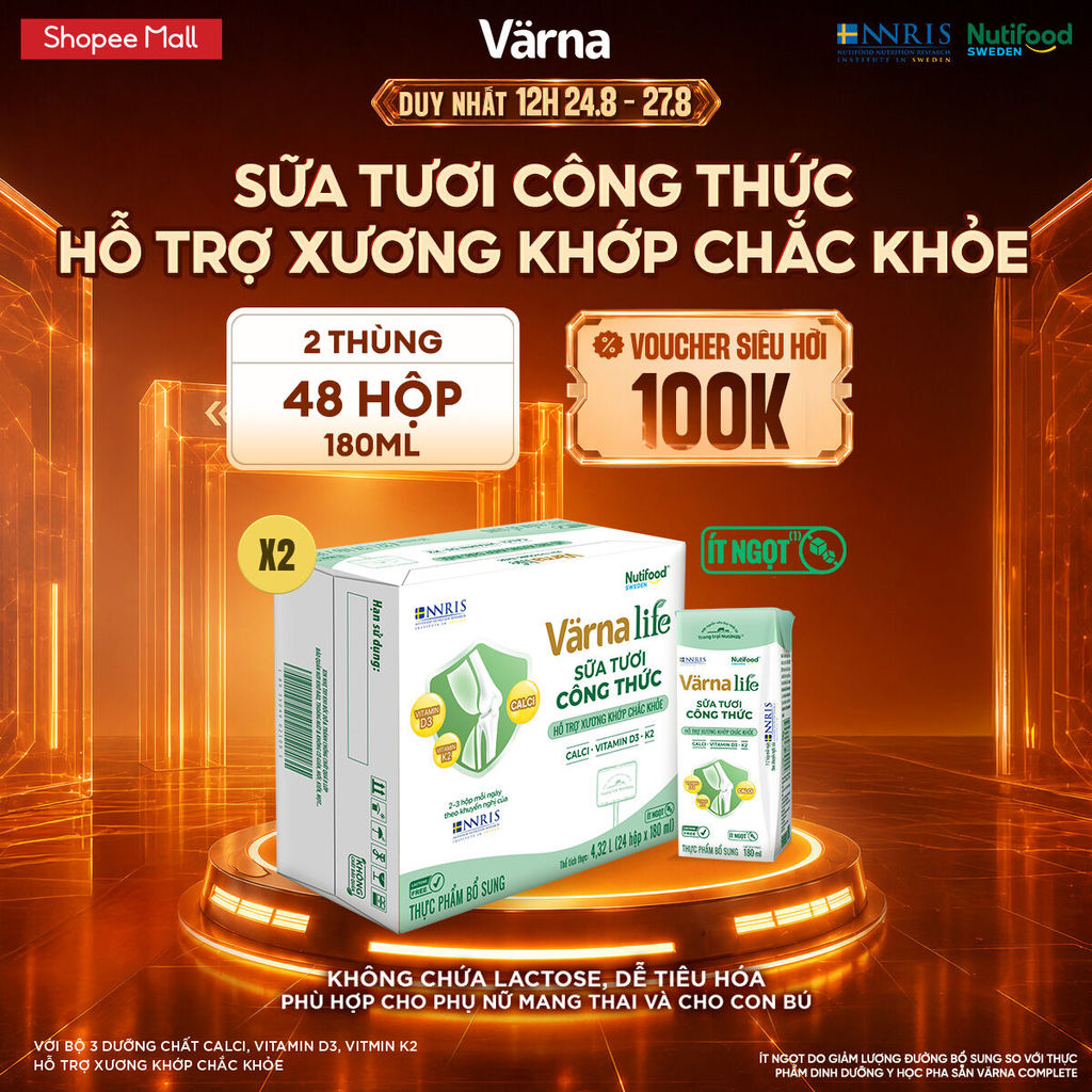 [COMBO KHỎE TƯƠI 1]Combo 2 Thùng 24 hộp Varna Life sữa tươi công thức hỗ trợ xương khớp chắc khỏe(Xanh)( 48 hộp x 180ml)