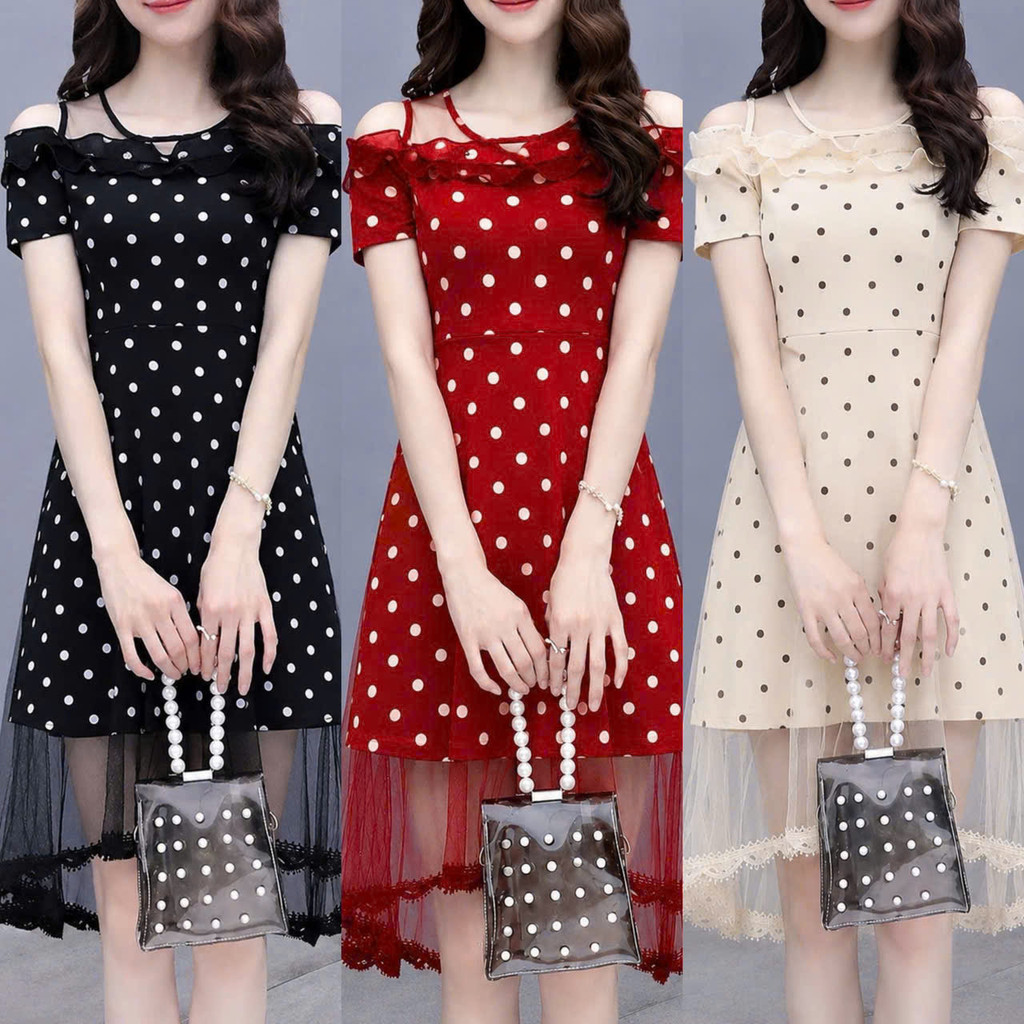 (May đẹp - 2 LỚP ) Đầm NỮ Xòe Trễ Vai Phối Lưới Chấm Bi Nữ Thời Trang Dự Tiệc Sang Chảnh THỜI TRANG MỚI