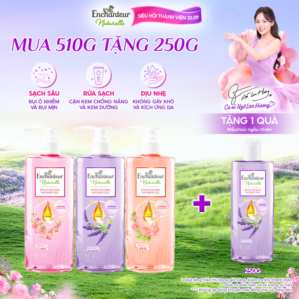 [TẶNG CHAI 250G] Sữa tắm dưỡng da thiên nhiên Pháp Enchanteur Naturelle hương Lavender/Iris/ Rose 510g (mùingẫunhiên)