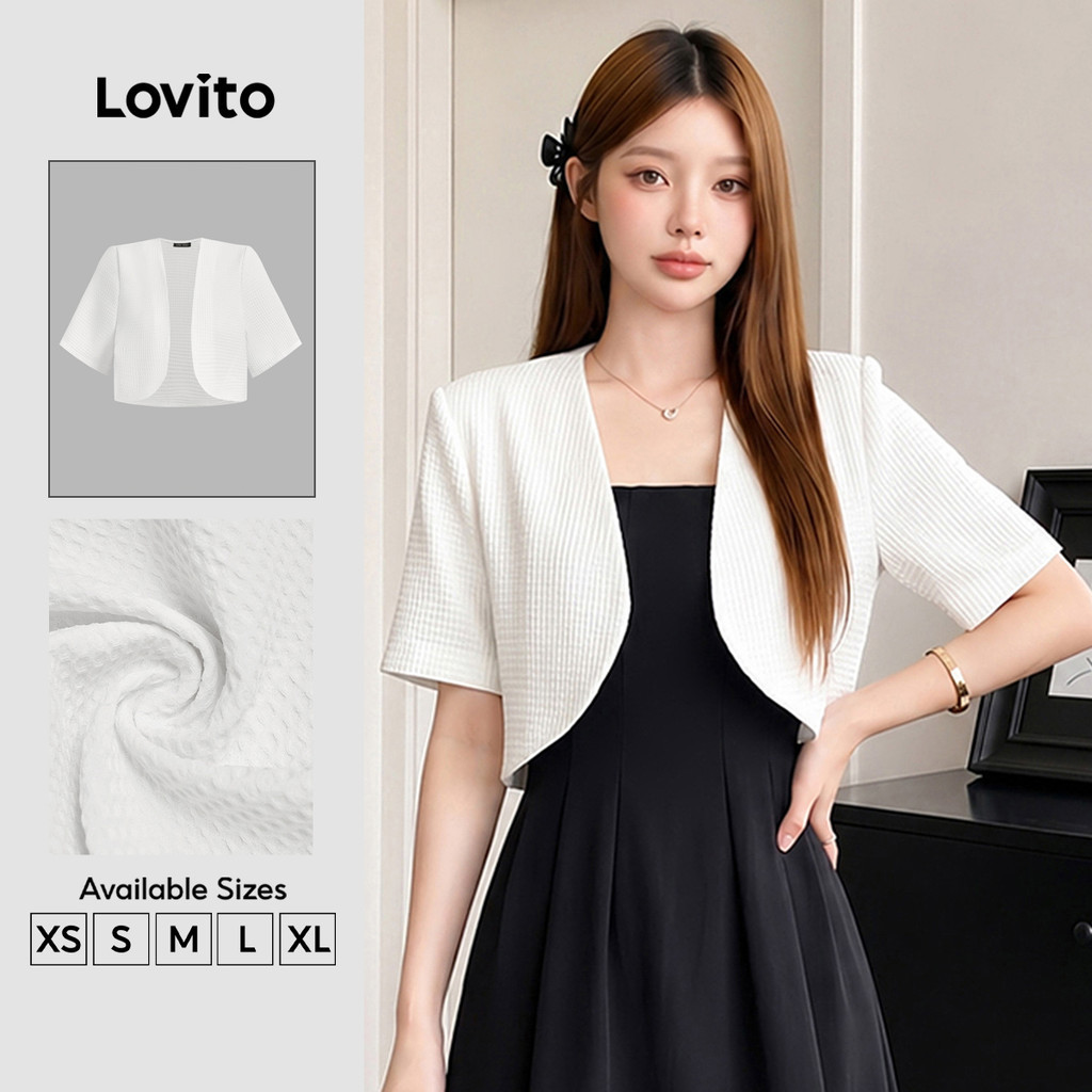 Áo blazer Lovito thanh lịch phong cách đơn giản mùa thu/đông màu trắng cho nữ L156AD182