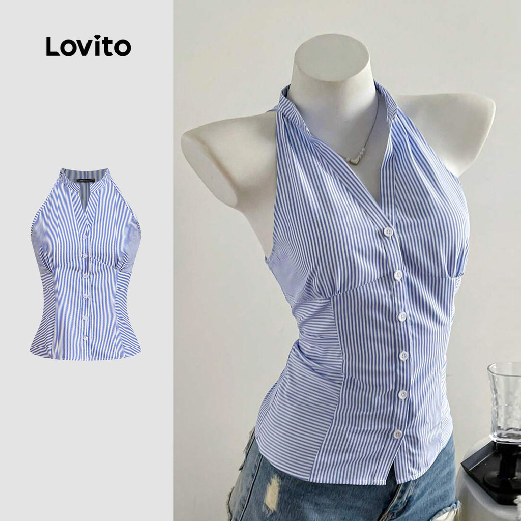 Áo sát nách nữ Lovito trắng xanh dương xuân hè xếp ly hình học nút sọc phong cách thường ngày L135ED386