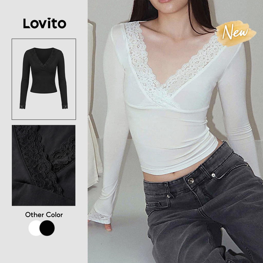 (New Arrival) Lovito Áo Thun nữ màu đen Tay dài cổ chữ V màu trơn viền Ren bèo nhún Phong cách thường ngày thoải mái Cho mùa Thu đông và cuối tuần TSK10TD090