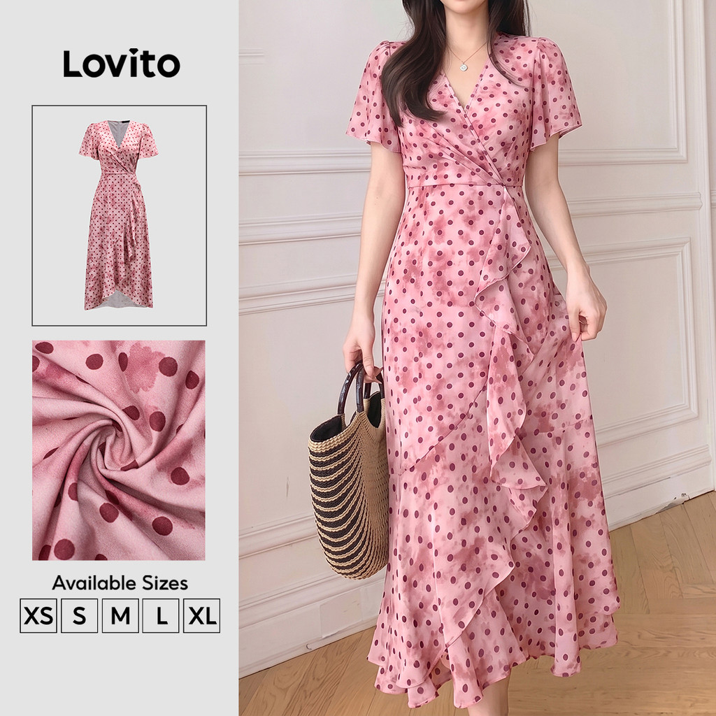 (New Arrival) Lovito Váy nữ màu hồng xuân hè thiết kế thanh lịch với chi tiết bèo nhún khóa kéo dáng bất đối xứng DRK9P1D1011
