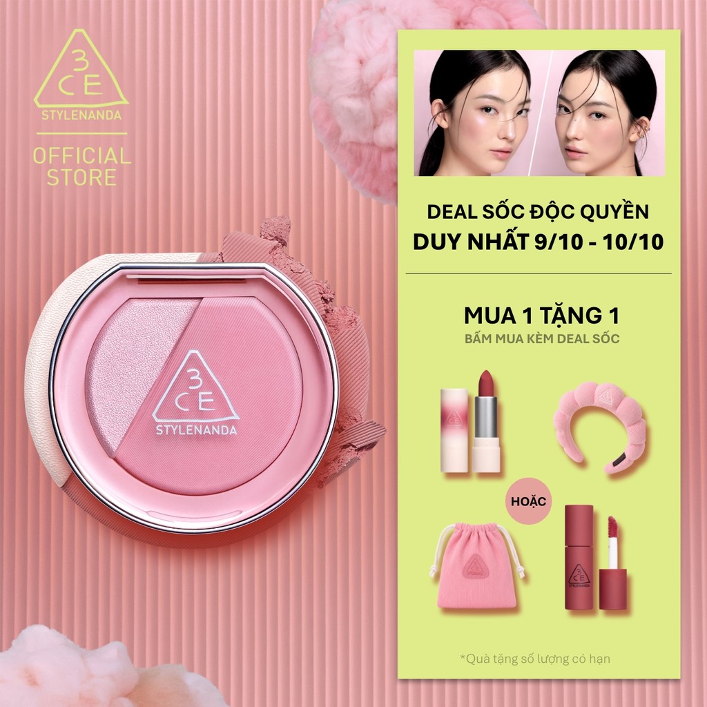 Phấn Má Hồng Bắt Sáng 3CE Blushlighter 2-Trong-1 Đa Năng, Dễ Tán, Tệp Da, Lâu Trôi, Rạng Rỡ Suốt Ngày Dài