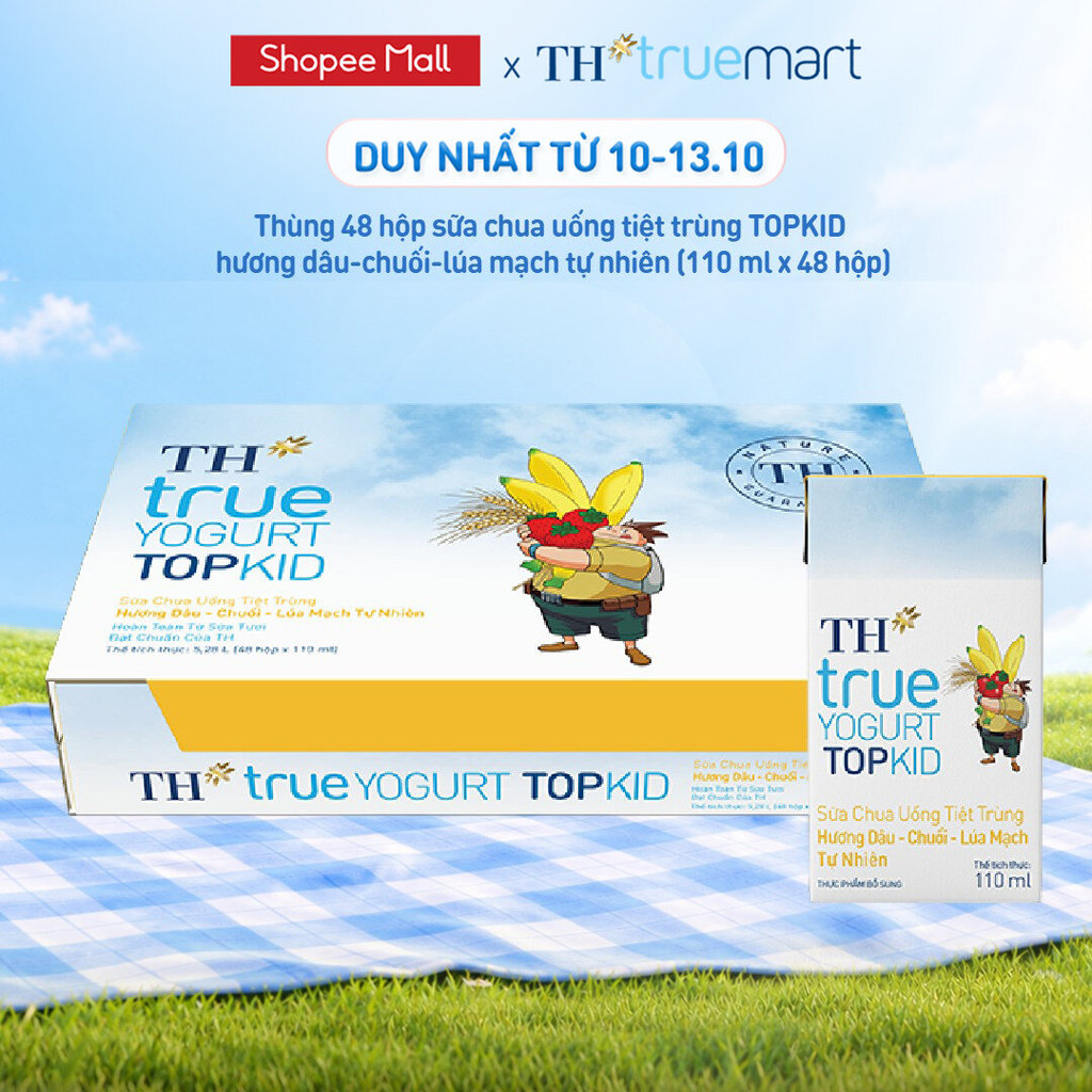 Thùng Sữa Chua Uống Tiệt Trùng TH true YOGURT TOPKID milk Hương Dâu-Chuối-Lúa Mạch 110ml (48 Hộp)
