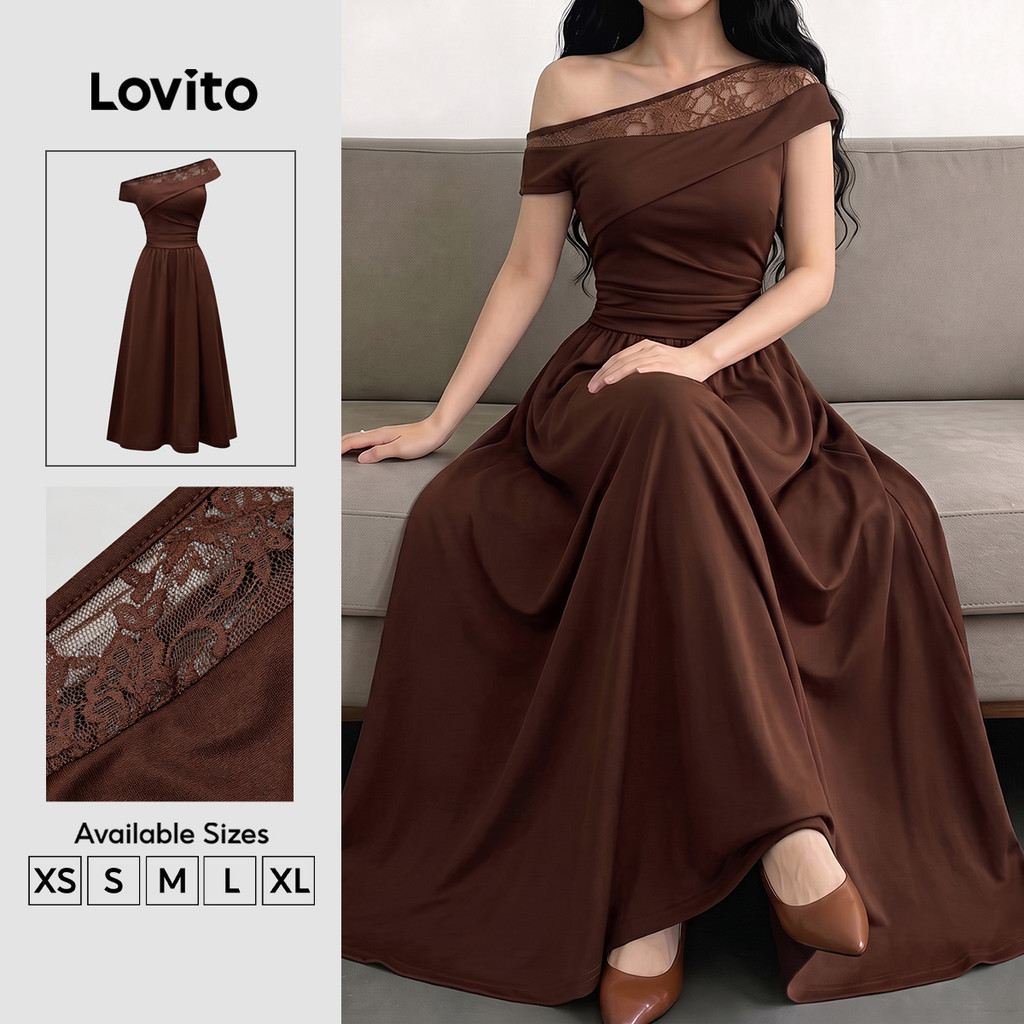 Lovito Đầm nữ màu nâu xuân hè ren bất đối xứng may ghép vải DRK9P1D919