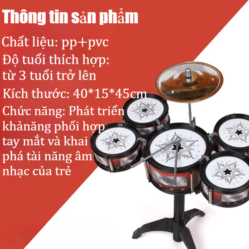 Đồ Chơi Bộ Trống Jazz 5 Món Cho Bé,Kèm Ghế,Nhạc Cụ Gỗ Giáo Dục Phát Triển Kỹ Năng Âm Nhạc