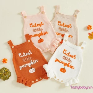 Bộ đồ liền thân thêu bí ngô cổ vuông không tay cho bé gái